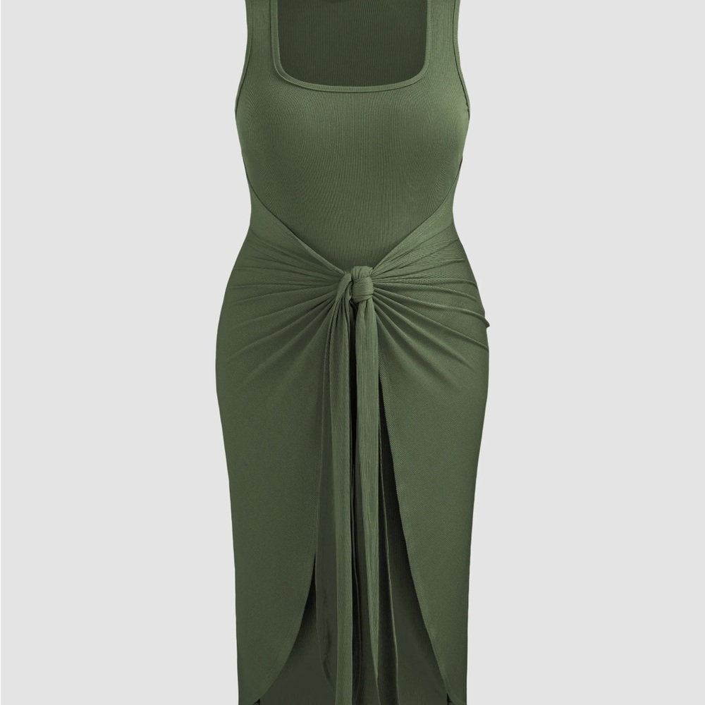 Cider Olive Green Sleeveless Tie-Front Midi Dress